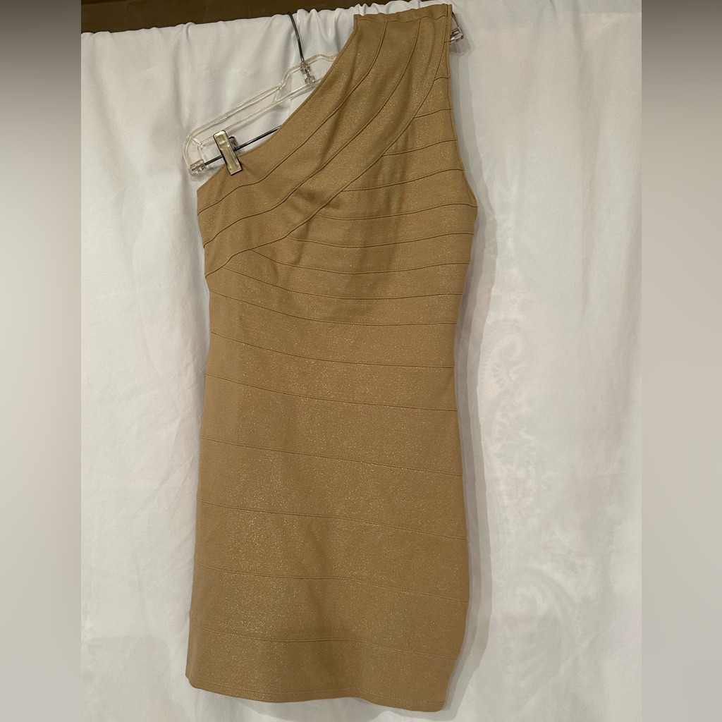 Express Gold Shimmer Cocktail Mini Dress, Strapless One-Side
